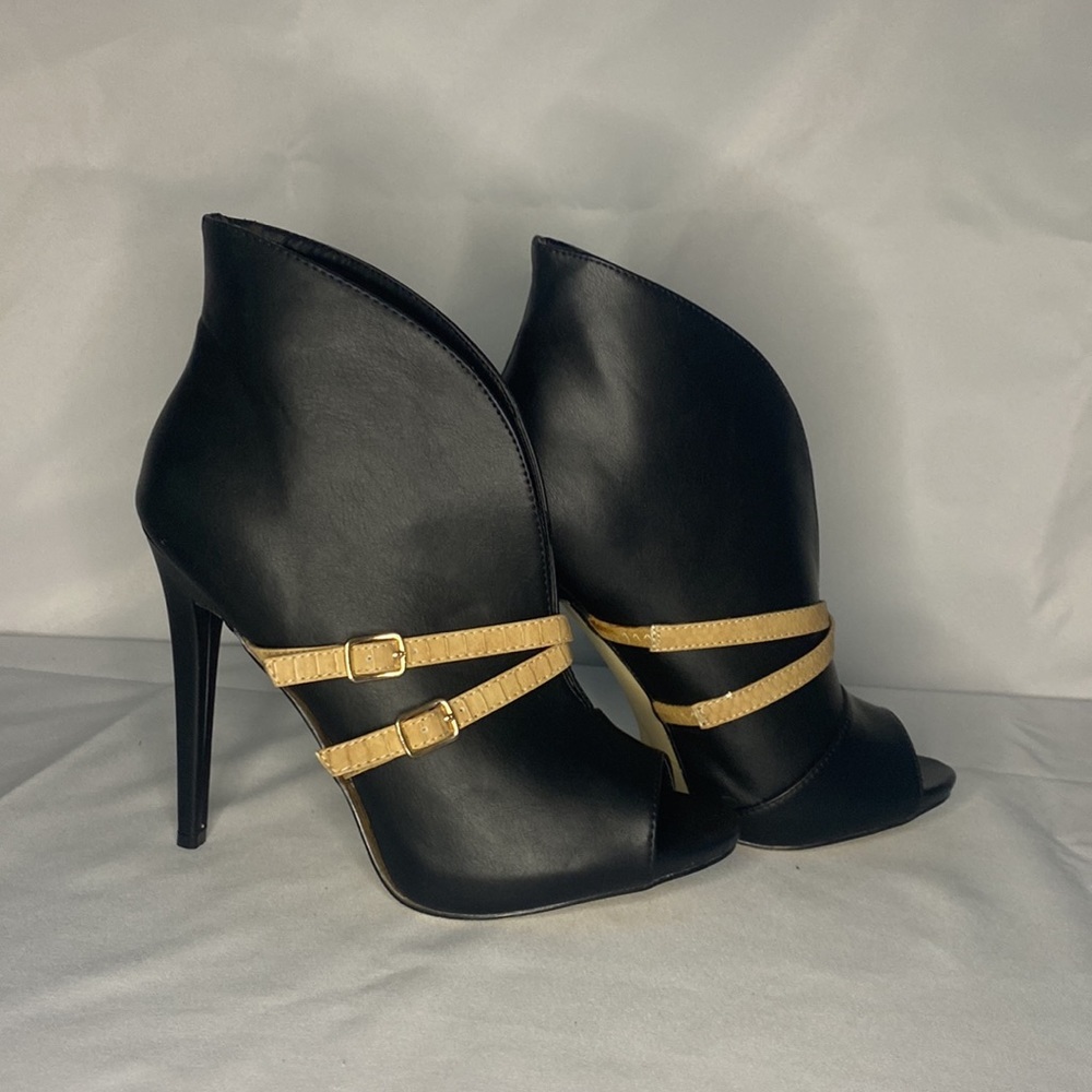 Black High Heel Ankle Booties with Gold Straps